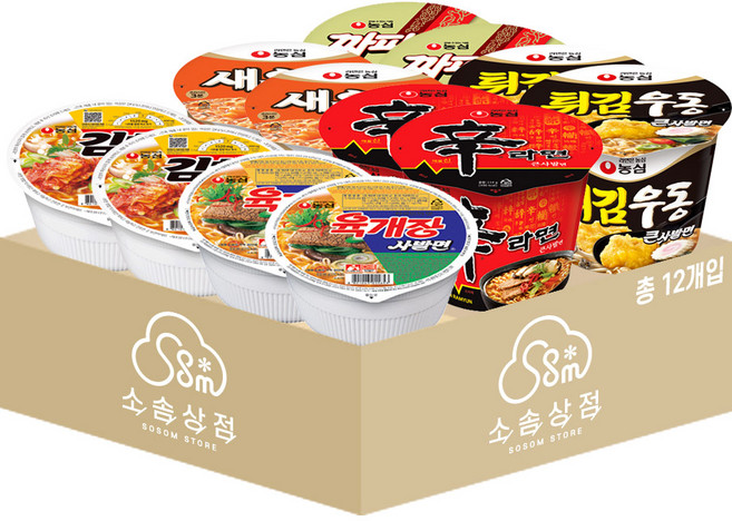 소솜상점 농심 컵라면 큰사발 혼합 12개 (육개장사발면+김치사발면+신라면+새우탕+튀김우동+짜파게티 각 2개), 1개