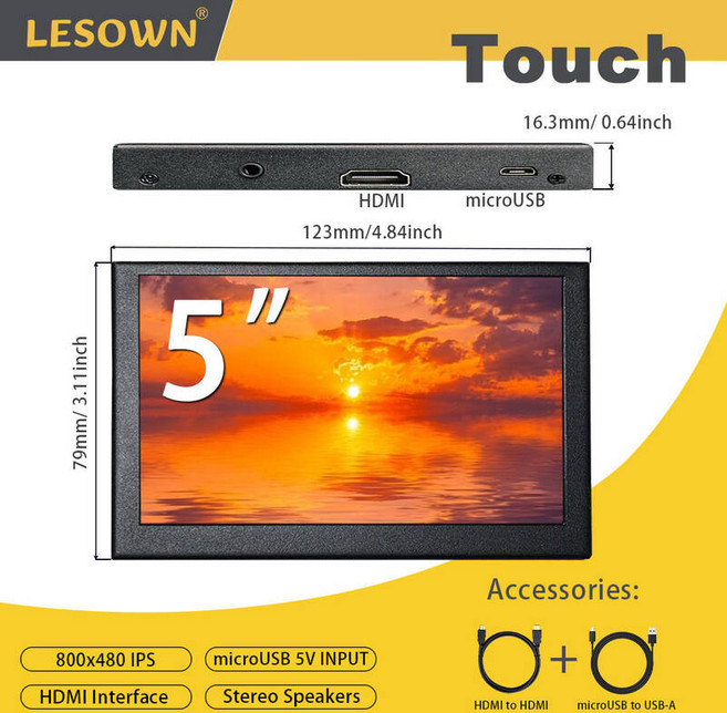 휴대용 모니터 포터블 LESOWN 미니 스크린 5 인치 컴팩트 USB 터치 HDMI 800x480 IPS Windows 노트북 PC 용 작은 흰색 두 번째 디스플레이, 없음, 4) Touch Monitor Black