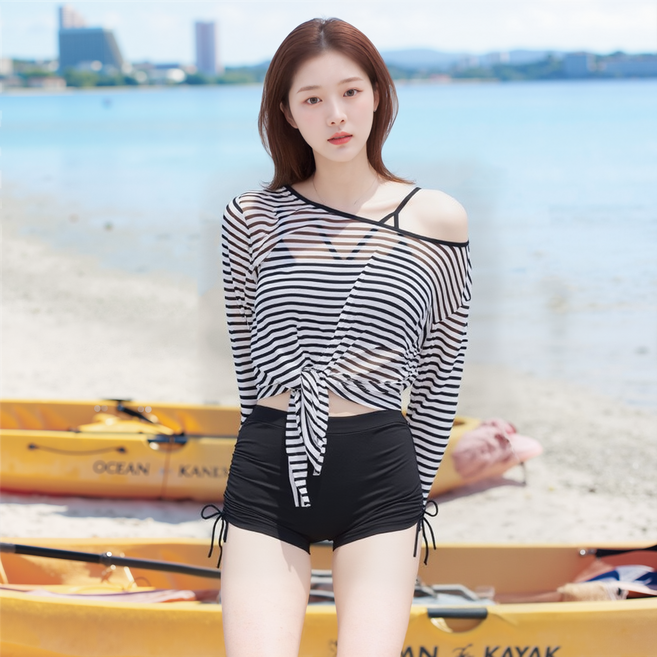 네오빔 여성 스트라이프 루즈핏 래쉬가드 3종 세트