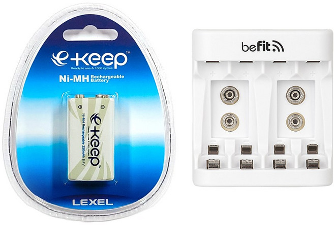 비핏 9V 4구 충전기 + 렉셀 e-keep 대용량 9볼트 충전지 1개 세트 (무선마이크 기타픽업 도어락 사각 건전지), 1