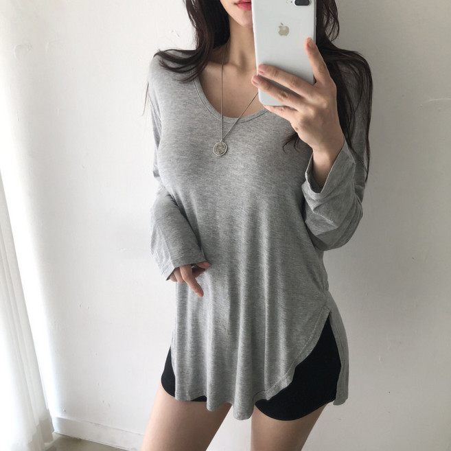 여리여리 브이넥 루즈핏 빅사이즈 옆트임 긴팔 티셔츠 6컬러