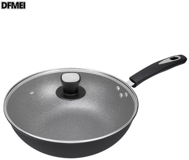 DFMEI 麥飯石炒鍋不粘鍋32cm電磁爐燃氣平底鐵鍋不沾鍋銀行保險禮品鍋具, 1個, 麥飯石炒鍋32cm 帶蓋, 如圖