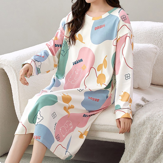 스타일아유 여성 봄가을 귀여운 프린트 라운드 풀오버 긴팔 수면원피스 홈웨어 OP1956