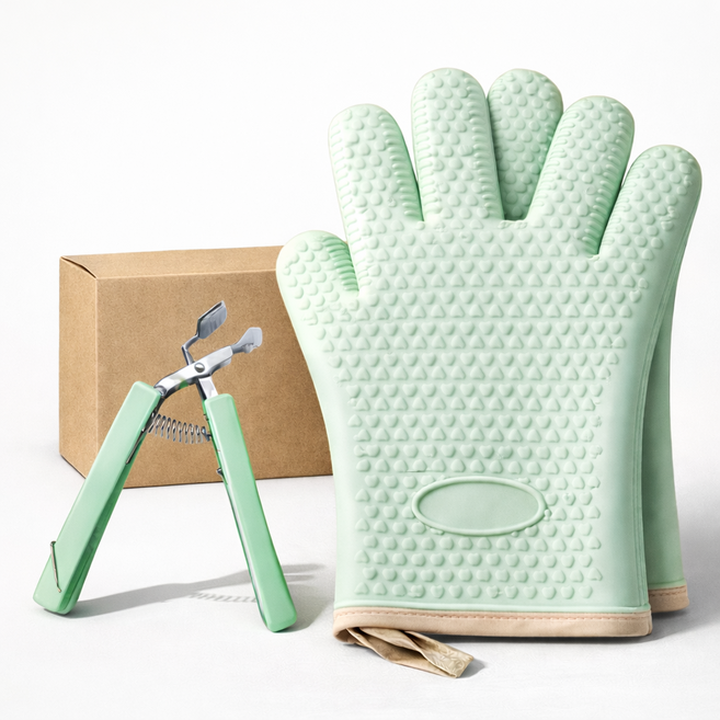 라라피치 두꺼운 열차단 실리콘 오븐장갑2P+냄비집게SET, 1개, 민트
