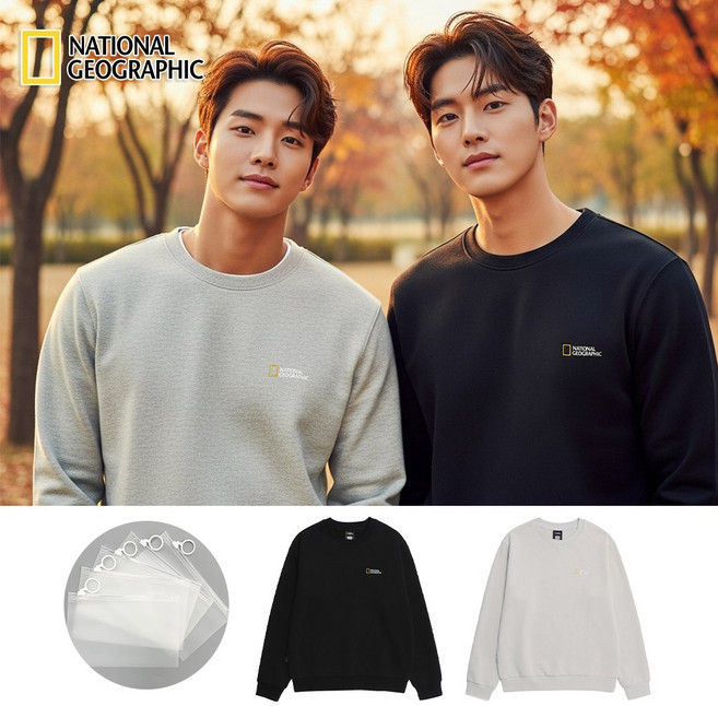[백화점]내셔널지오그래픽 맨투맨 폴하스 스몰로고 세미 오버핏 긴팔 티셔츠+STOC파우치