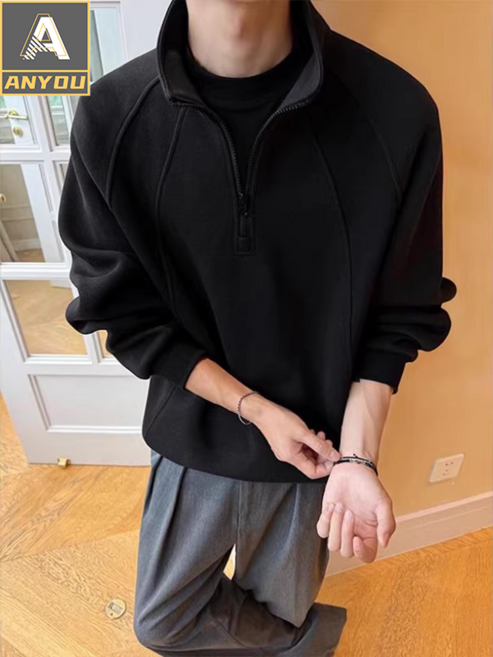 ANYOU 남성 풀오버 반지퍼 세미하이넥 후드티 편안한 오버사이즈 상의