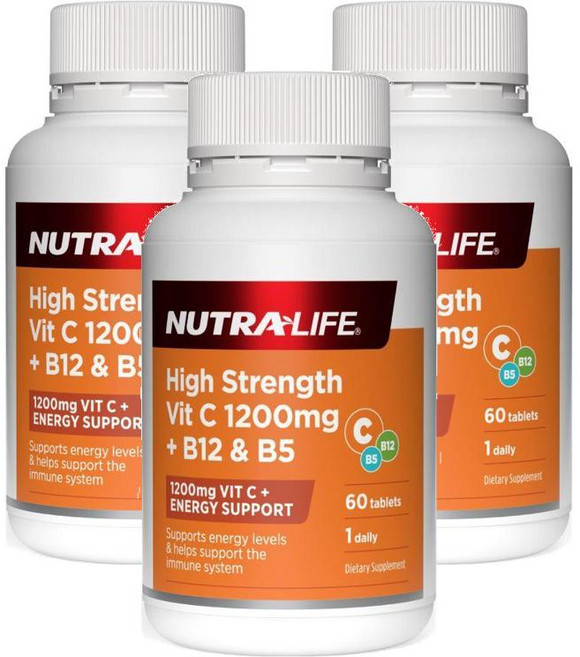 뉴질랜드 뉴트라라이프 NutraLife VITAMIN C + B12 + B5 하이 스트렝스 비타민C 1200mg + B12 + B5, 3개, 60정