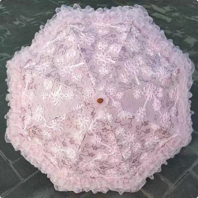 레이스양산 암막양산 레이스 자수 꽃 스팽글 비닐 두 배 자외선 방지 양산 태양 우산 공주 써니 핑크