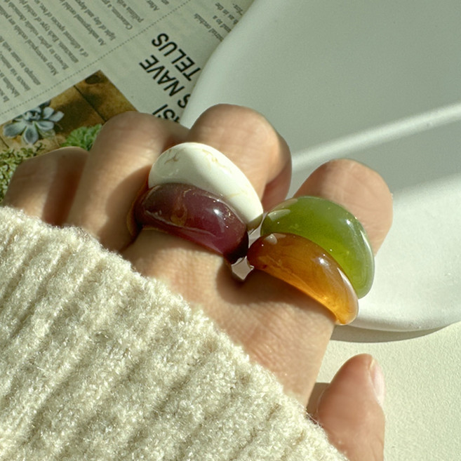 여성 컬러 볼드 아크릴 마블 호마이카 반지