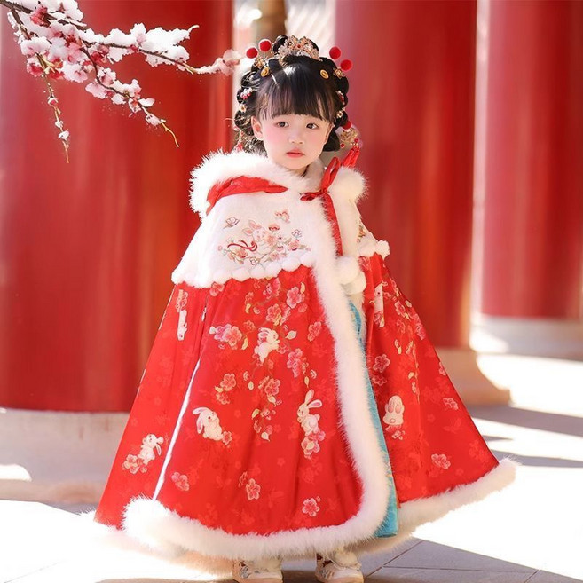 女童漢服斗篷冬款 兒童加厚拜年連帽披風 古裝外出拜年服中國風