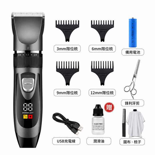 LCD 智能顯示陶瓷刀頭充電電剪 附4款定位梳 水洗設計, 升級數顯款（可水洗）+電池+牙剪, 1套