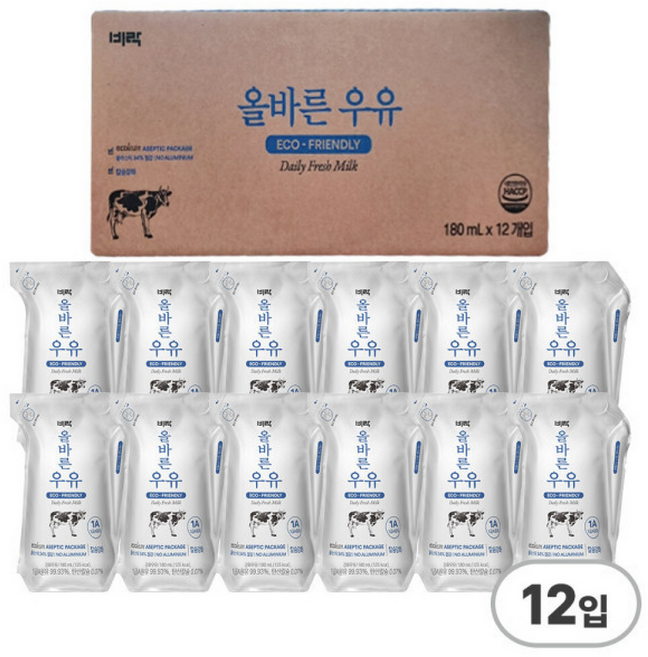 비락 올바른 우유 멸균 우유, 180ml, 12팩