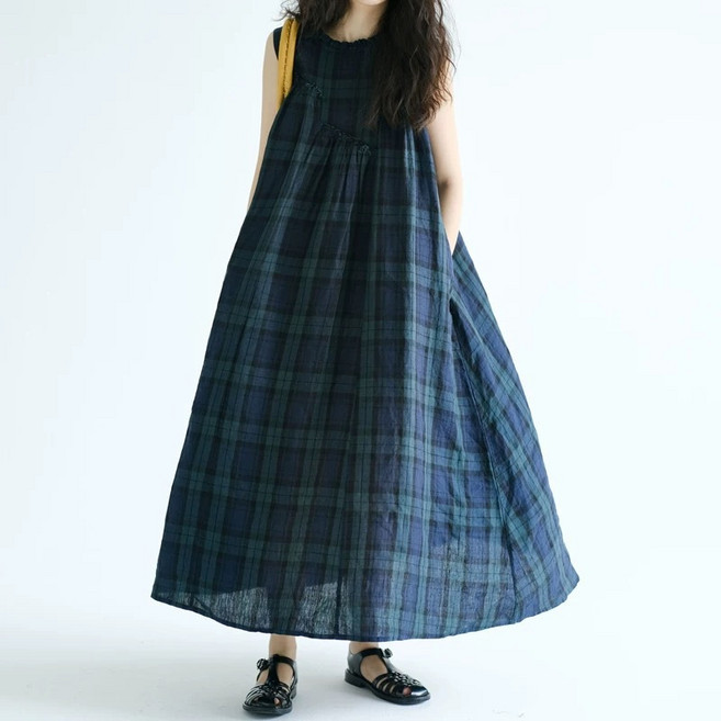 여성 여름 원피스 프렌치한 체크 민소매 나시 빅사이즈 원피스 데일리룩 휴양지룩 롱 원피스