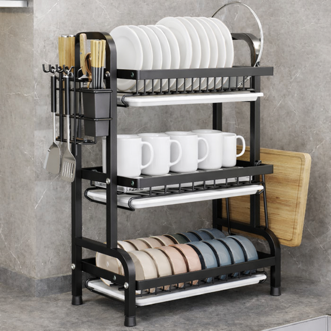 스탠다 올인원 프리미엄 식기건조대 접시 슬림 주방 선반, 1개, 블랙, 3단