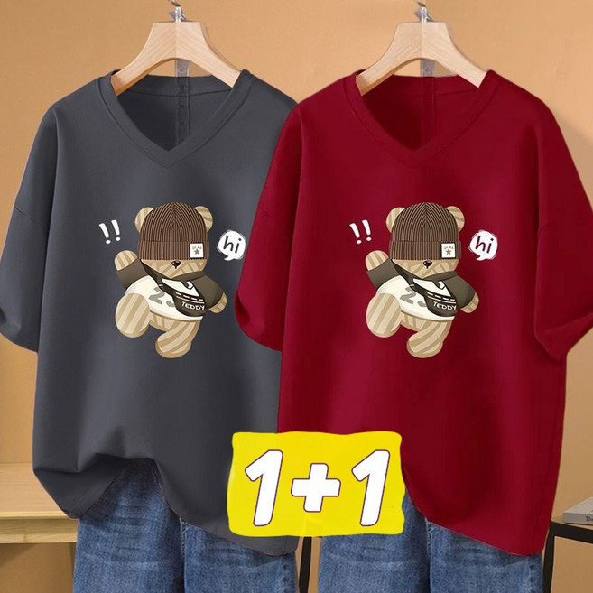 1+1 여성 브이넥 반팔 티셔츠 오버핏 곰 캐릭터 빅사이즈 롱 티셔츠
