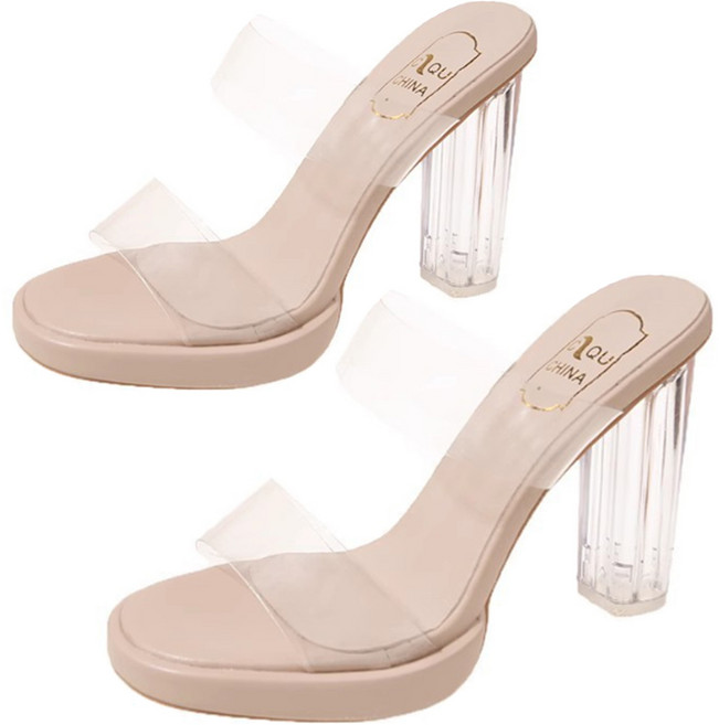 차쿠 크리스탈 통굽 PVC 투명 가보시 뮬 슬리퍼 샌들 7cm 9cm 11cm