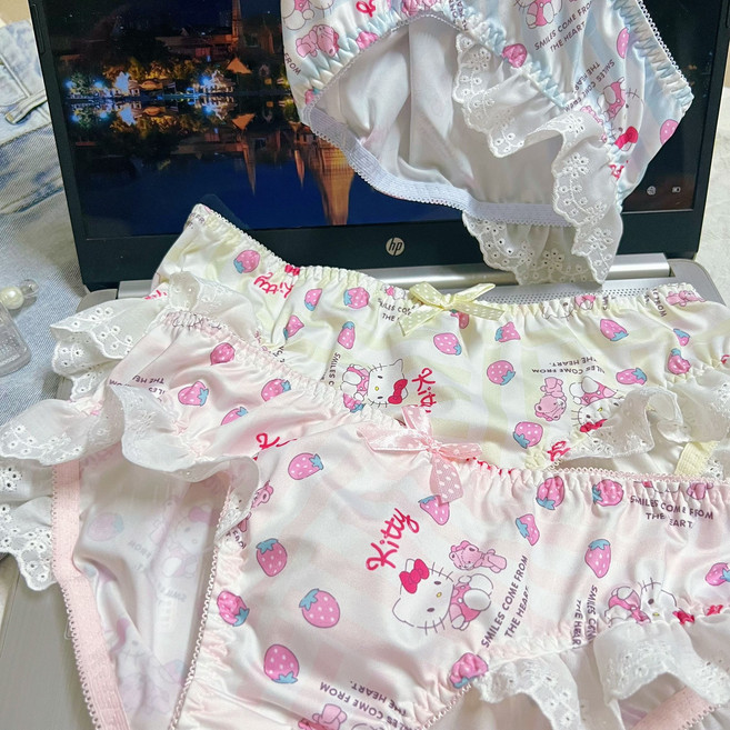 티류으스 캐릭터 키티 고양이 레이스 여성 팬티 소녀 순면 삼각 팬티 3P 팬티 세트