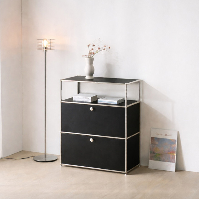 지베뉴 그리드 싱글 2단 미드센츄리 모듈 수납장 모듈선반장 철제수납 철제가구, 블랙