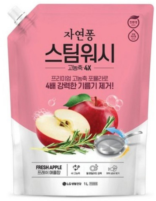 [자연퐁] 스팀워시 주방세제 애플향 리필형, 1L, 4개