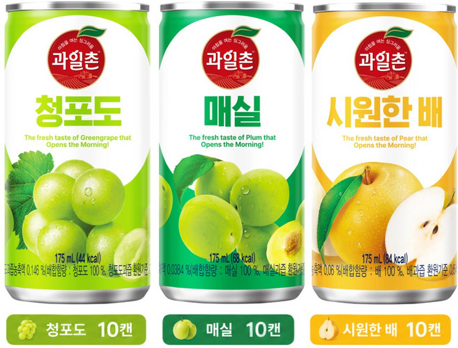 과일촌 3종세트(시원한배+매실+청포도), 30개, 175ml