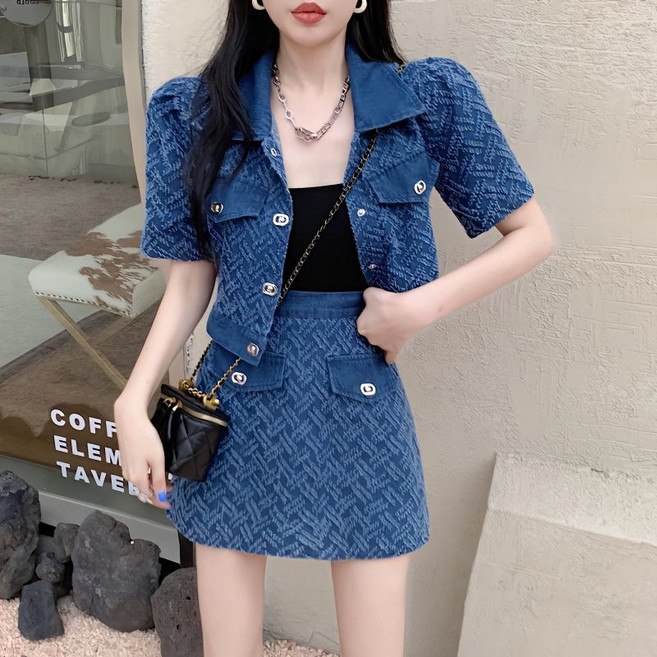 88까지 여름 반팔 트위드 청 자켓 숏 스커트 짧은 치마 파티룩 핫 여리핏 여성 여리핏 상하의 데님 세트