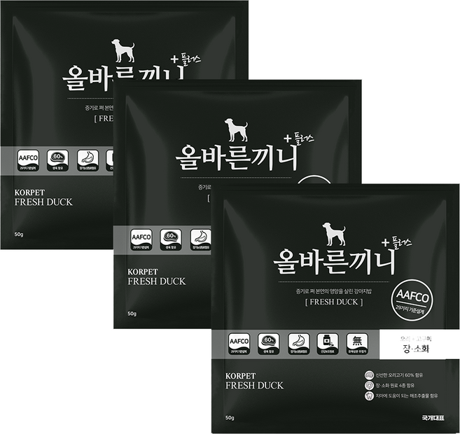 올바른끼니 플러스 맛보기 특식 50g- 장건강에 좋은 오리 고구마(장건강) 강아지사료 _ 60%생육 100%휴먼그레이드 스팀공법 영양식 강아지밥, 50g, 3개