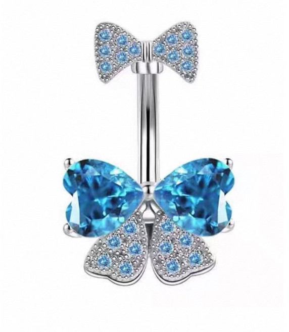 蝴蝶造型寶石肚臍環，不鏽鋼醫用鋼材質，閃亮水鑽設計, 藍色, 1個