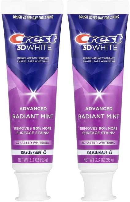 건강챙기세요 Crest 3D White 어드밴스드 불소 충치예방 치약 래디언트 민트 2팩 각 93g(3.3oz) 백살까지오래오래, Crest3DWhite어드밴스드불소충치예방치약래디언트민 - 쿠팡