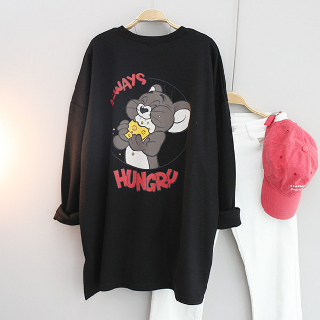 달콩 노랑치즈백나염박스티셔츠 빅사이즈 롱티 라운드 긴팔 데일리룩