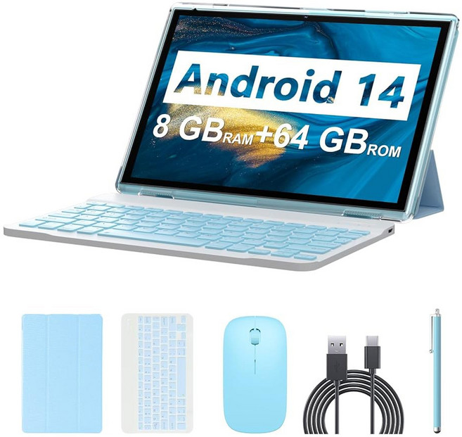 Android 15 태블릿 10.1인치 12GB RAM + 64GB ROM 1TB 확장 가능 키보드 케이스 마우스 스타일러스 포함 태블릿 2개 1.8GHz 쿼드코어 1280, 8GB+64GB Blue, 1개