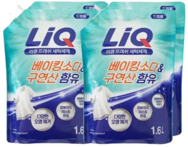 리큐 프레쉬 베이킹소다 구연산 함유 액체세제 드럼용 리필 1.6L, 4개