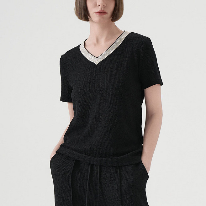 AOKADA 여성 브이넥 스팽글 반팔 티셔츠 루즈핏 골지 반팔티 여성티