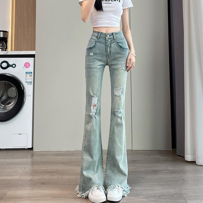 슬림소녀 여성 여름 스판 하이웨이스트 찢어진 청바지 나팔바지 긴 바지 연한 남색 디자인감 세련되고 슬림한 캐주얼