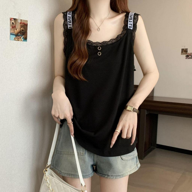 夏季大碼螺紋蕾絲拼接吊帶背心女款寬鬆顯瘦無袖上衣