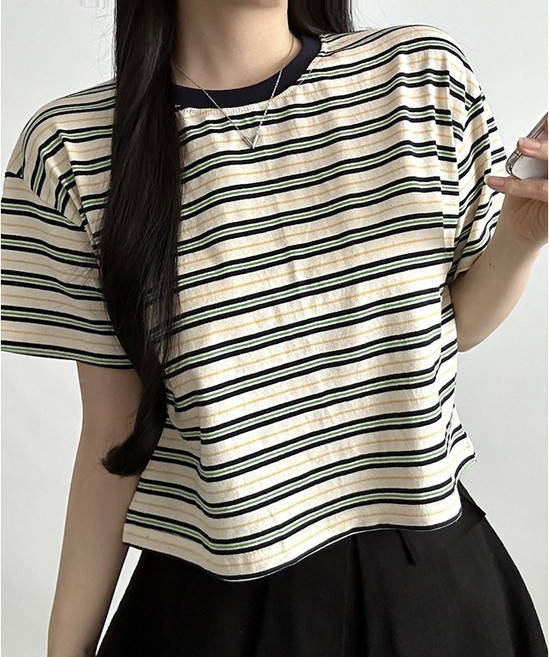 비토샵 여성용 스트라이프 크롭 단가라 반팔티