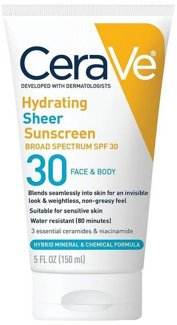 CeraVe 얼굴 및 바디용 SPF 30이 함유된 하이드레이팅 시어 선스크린 남성 여성용 미네랄 화학 자외선 차단제 산화아연 히알루론산 세라마이드 파라벤 프리 + 무향, 150ml - 쿠팡
