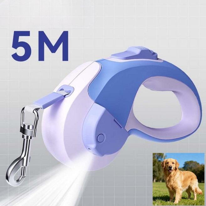 AROEREV 꼬임방지 강아지 LED야광조명 5m 자동 리드줄, 1개, Purple