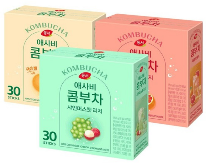 동서 애사비 콤부차 샤인머스캣리치 30T+배모과30T+자몽오렌지30T, 없음