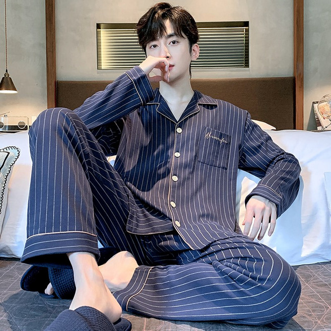 BAJAOEY(바자오이)남성 순면 잠옷 세트 프리미엄 패션 줄무늬 긴팔 홈웨어