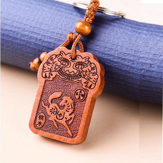 뚱보 액운차단 12지신 띠별 복숭아 나무 열쇠고리, 말 사각원목키링, 1개