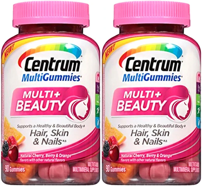 Centrum MultiGummies MULTI+BEAUTY 센트룸 멀티구미 멀티 플러스 뷰티 헤어 스킨 네일 멀티비타민 90정 2개 체리 베리 오렌지 - 쿠팡