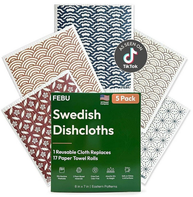FEBU Swedish 주방용 행주 | 5팩 빈티지 주방 재사용 가능한 페이퍼 타월 세탁 가능 스웨덴 접시 긁힘 방지 셀룰로오스 스폰지 천 냄새 없음 생분해성 클리닝 천_16, 동부_161857
