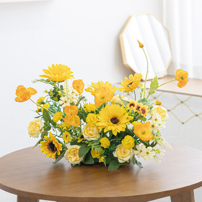 해바라기 고급 인테리어 조화 플라워믹스 센터피스 50cm 실크플라워 돌상 웨딩 꽃장식, 1개