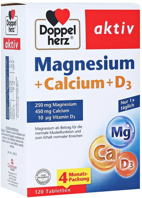 Dopelherz 마그네슘 + 칼슘 + D3 - 칼슘을 정상적인 뼈와 정상적인 근육 기능 유지에 기여, 120정, 1개 - 쿠팡