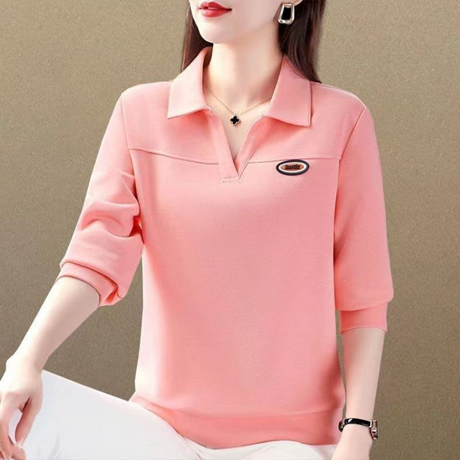 중년 여성 폴로넥 티셔츠 캐주얼 봄 가을 터틀넥 긴팔티 루즈핏 빅사이즈 폴로 셔츠 상의 RSH