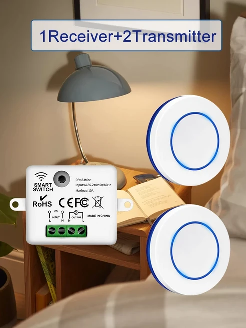 QIACHIP RF 무선 릴레이 리시버 미니 모듈 리모컨 리모컨 스위치 선풍기 LED 차고 문짝 433MHz DC 12V, 2)1 receiver 1 remotes