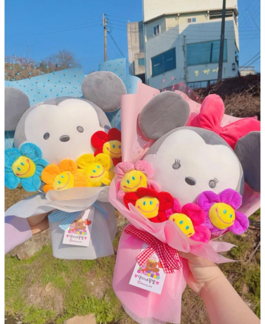 정품 디즈니 중형 미키마우스 미니마우스 2종 인형꽃다발 풍성한포장 응원 축하 생일 로즈데이, 모찌 미니꽃다발(기본4송이), 민트색, 1개