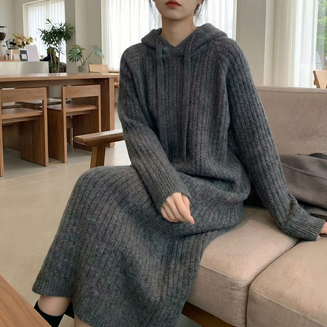 빅사이즈 골지 후드 롱 원피스