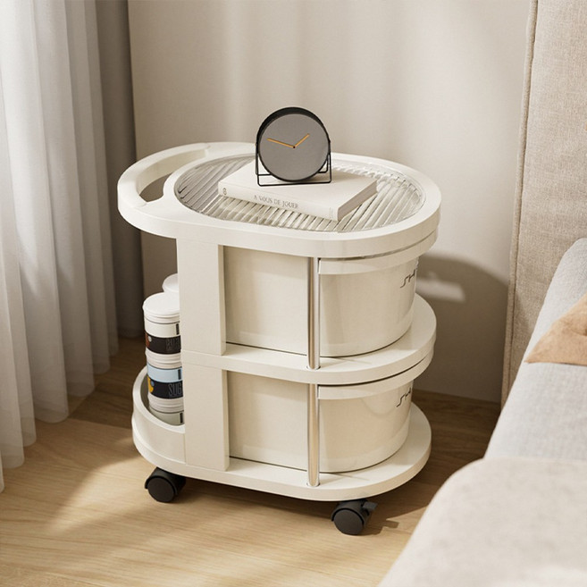 더블수납 크림 이동식 트롤리 선반 서랍형, 2단