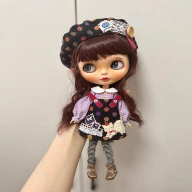 Blythe 인형 의상 모직 베레모 격자 무늬 탑 캐미솔 스커트 스트라이프 양말 1/6 30cm PullipOb22 Licca에